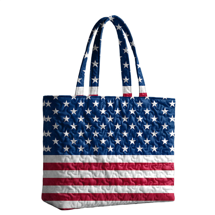 Quilted Tote Bag for Women American Flag Patriotic Handbags with Handles Travel Casual Purse for Vacation practical