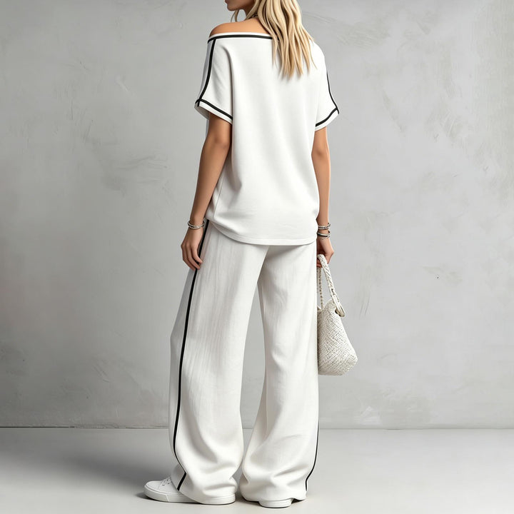 Two Piece Lounge Set for Women Color-Blocked Short Sleeve Top Loose Fit Wide Leg Pants Macthing Set for Daily right