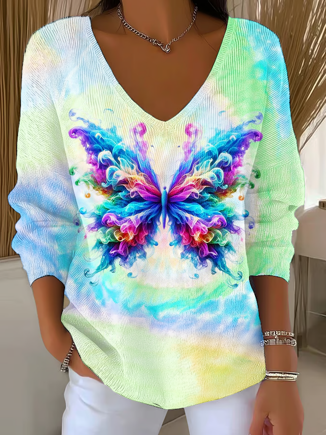 Colorful Hippie Smoke Butterfly Art Casual V Neck Pullover Sweater