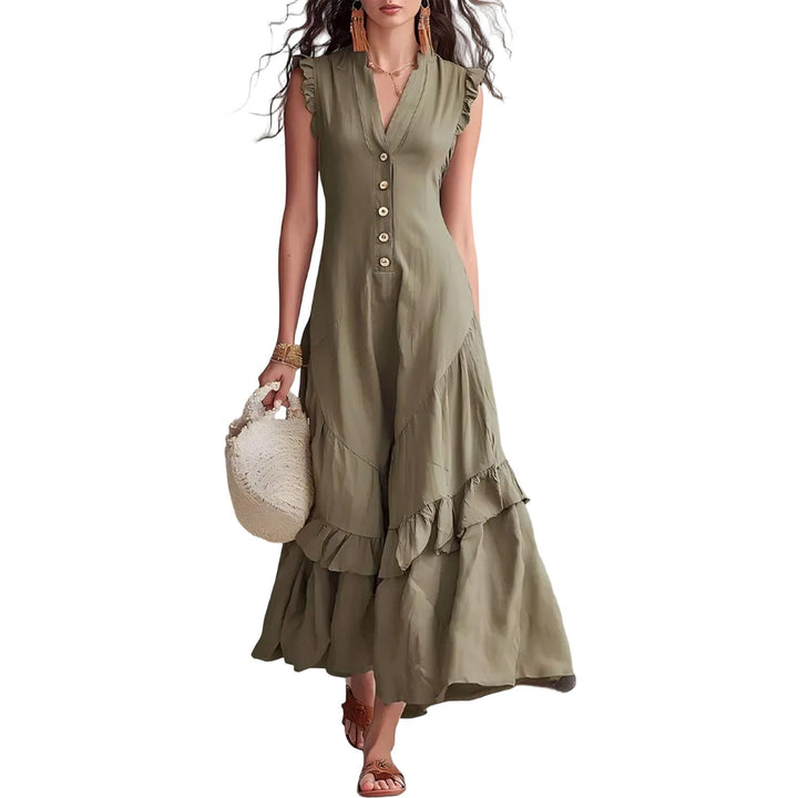 Ruffle Dress Long V Neck Button Flowy Cap Sleeve Summer Maxi Dresses Casual Beach Clothes for Beach Vacation serviceable