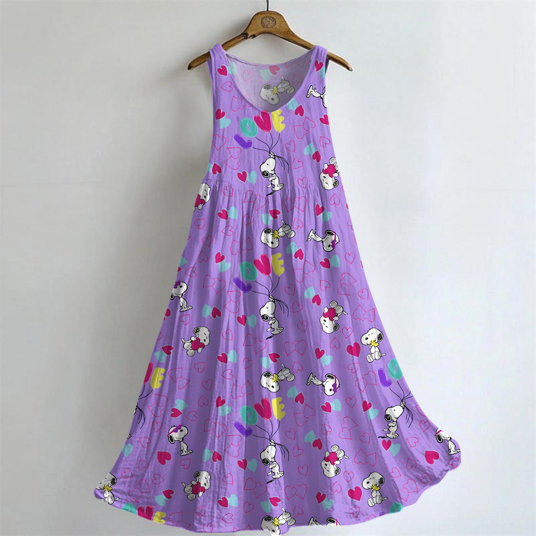 Valentine's Day Cotton Snoopy Love V-neck Bamboo Linen Sleeveless Dress