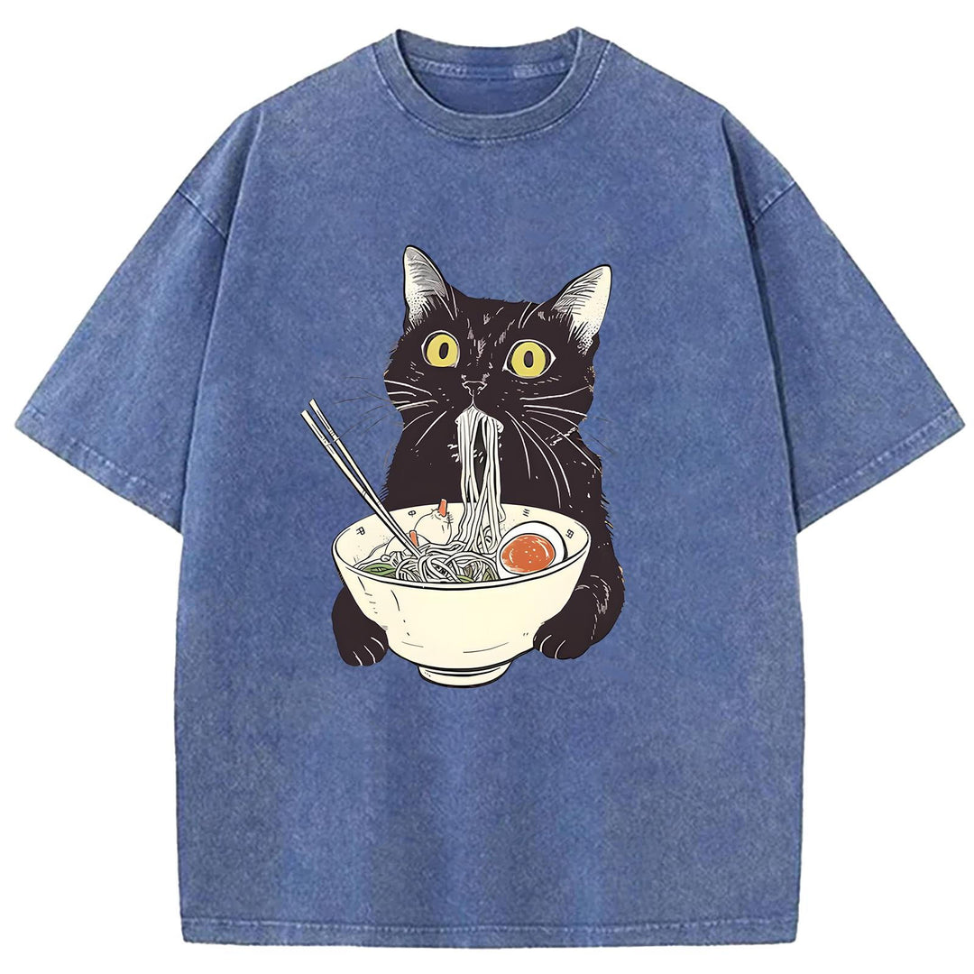 Black Cat Eating Ramen Washed Crew Neck T-Shirt