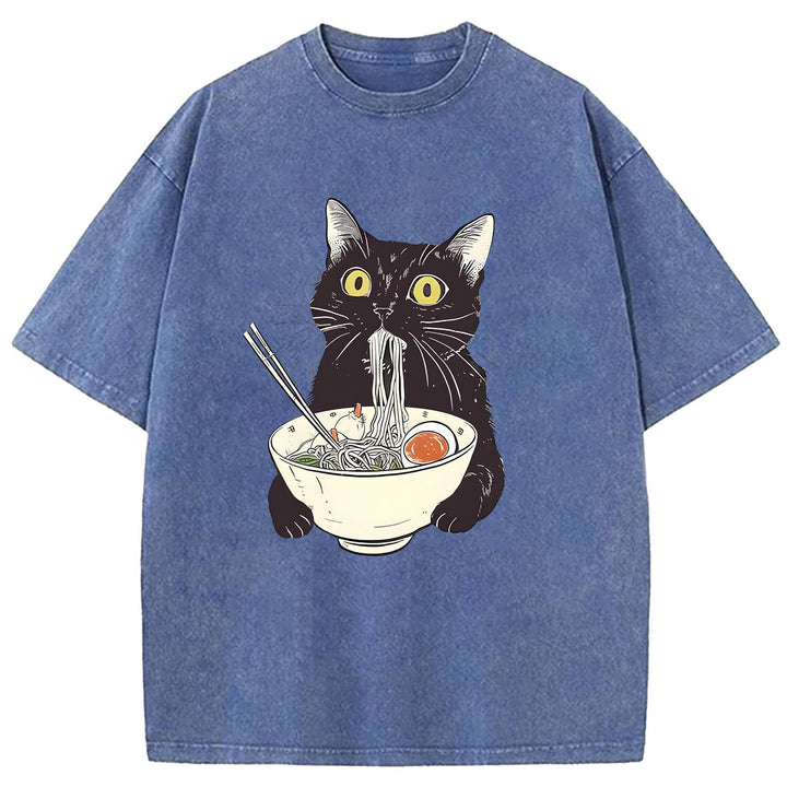 Black Cat Eating Ramen Washed Crew Neck T-Shirt