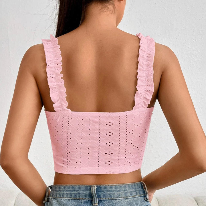 Eyelet Tank Tops for Women Ruffle Ruched Sleeveless Square Neck Tie Front Bust Crop Camisole Tops for Travel excellent