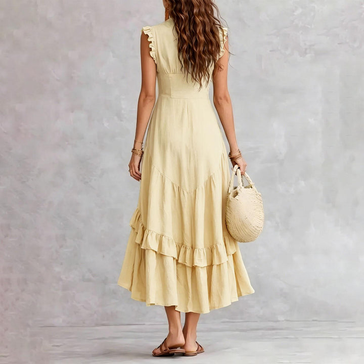 Ruffle Dress Long V Neck Button Flowy Cap Sleeve Summer Maxi Dresses Casual Beach Clothes for Beach Vacation serviceable