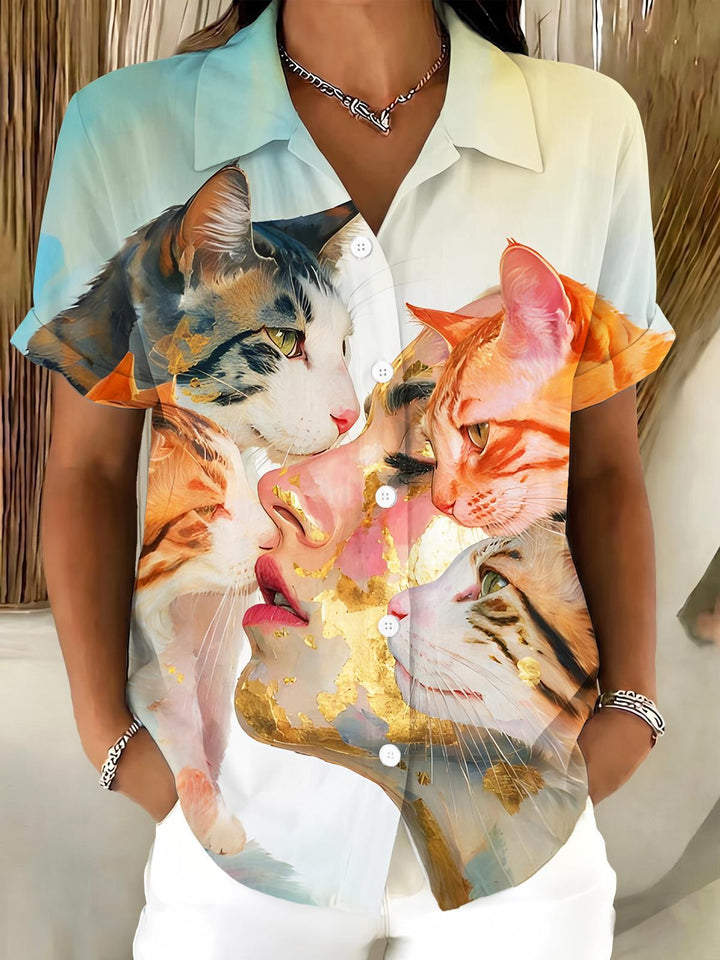 Art Cat Portrait Face Women's Short Sleeve Shirts