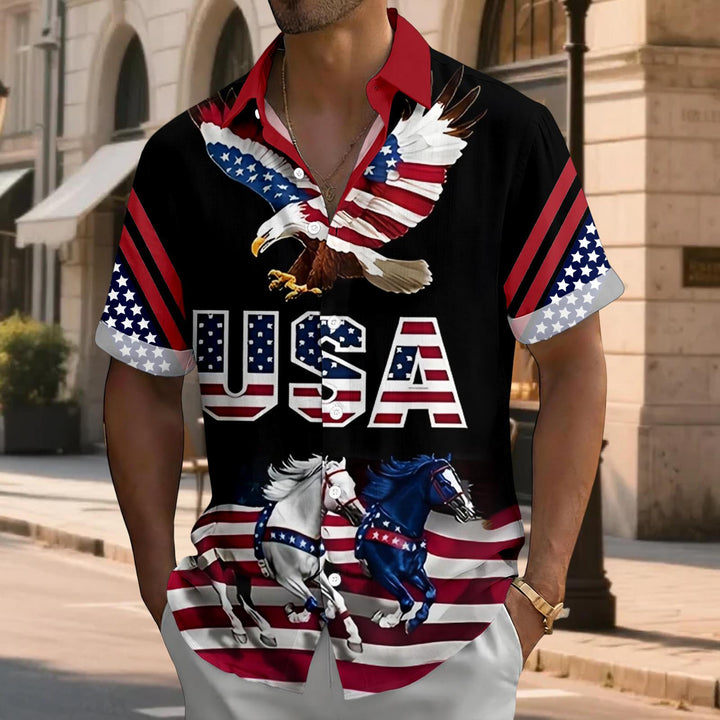 Flag Button Up Shirt Men Eagle Print Short Sleeve Button Down Patriotic Hawaiian Shirts for Parade Party amiable