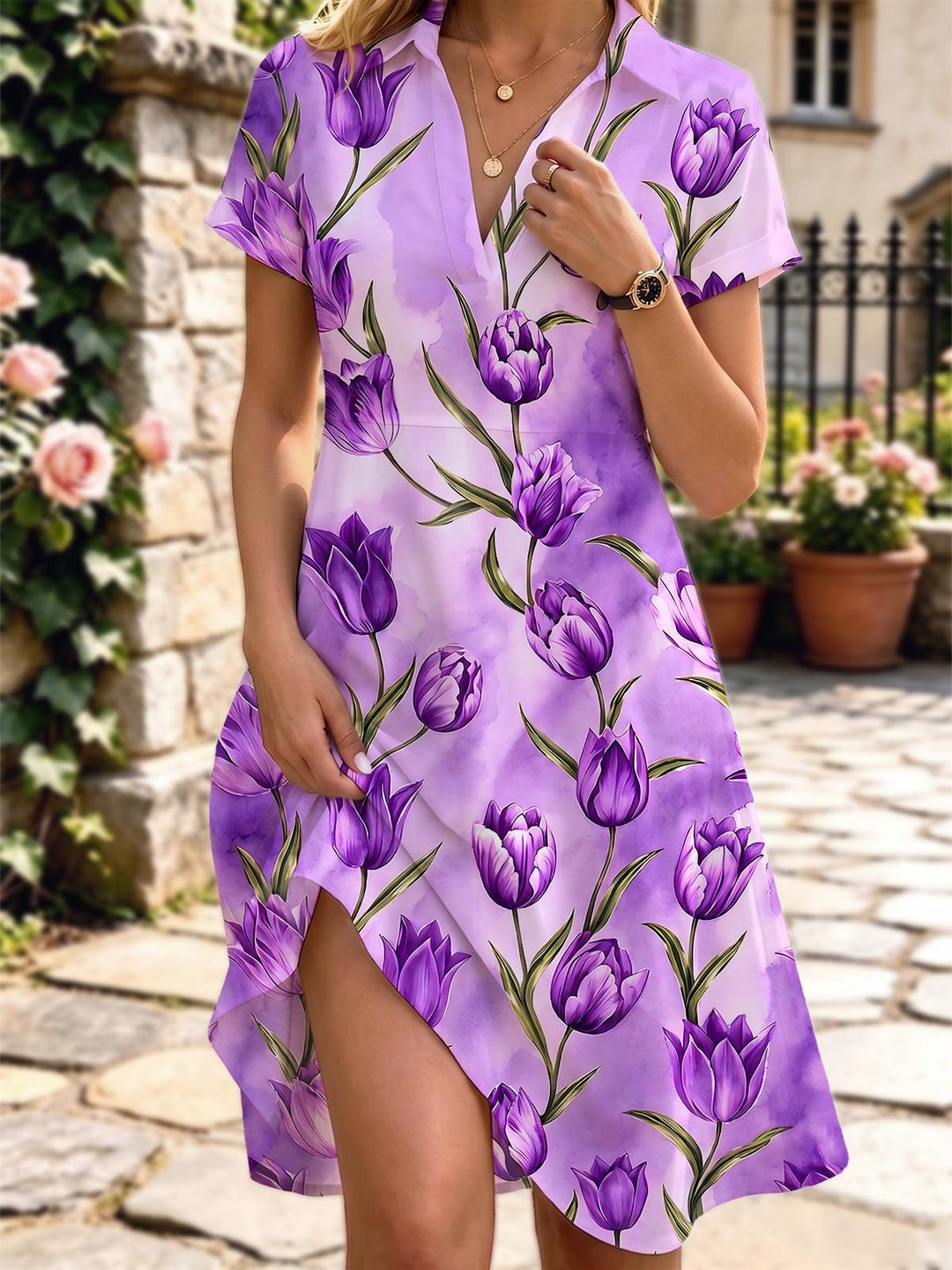 Tulip Floral Women's Short Sleeve Shirt Collar Dress
