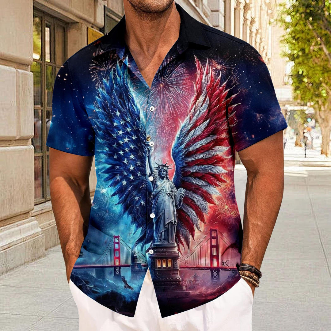 Flag Button Up Shirt Men Eagle Print Short Sleeve Button Down Patriotic Hawaiian Shirts for Parade Party amiable