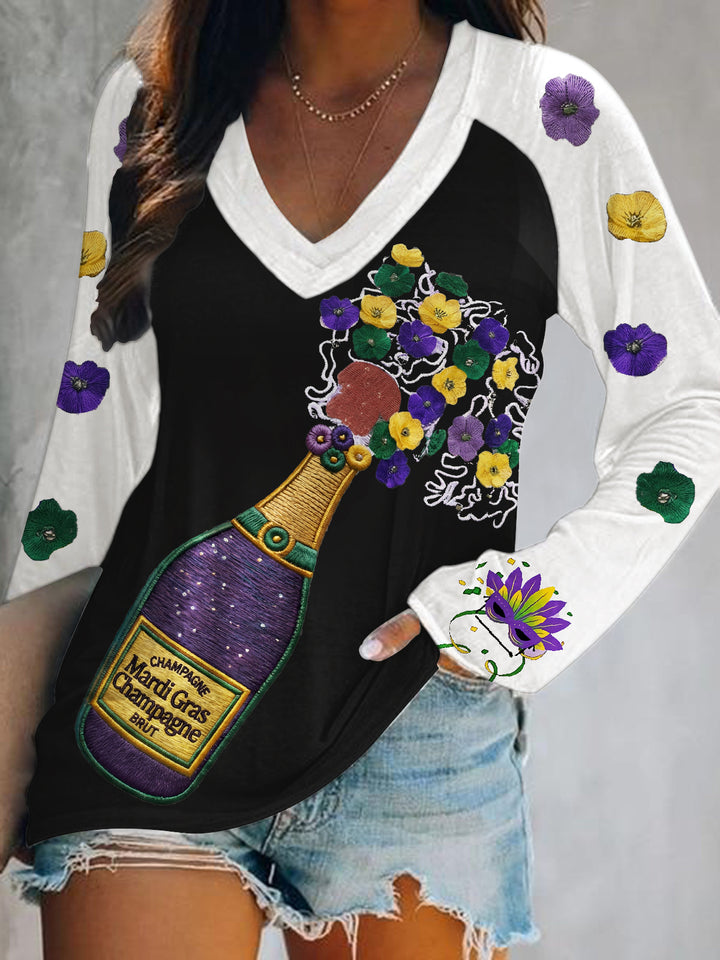 Mardi Gras Print V-Neck Long Sleeve Top