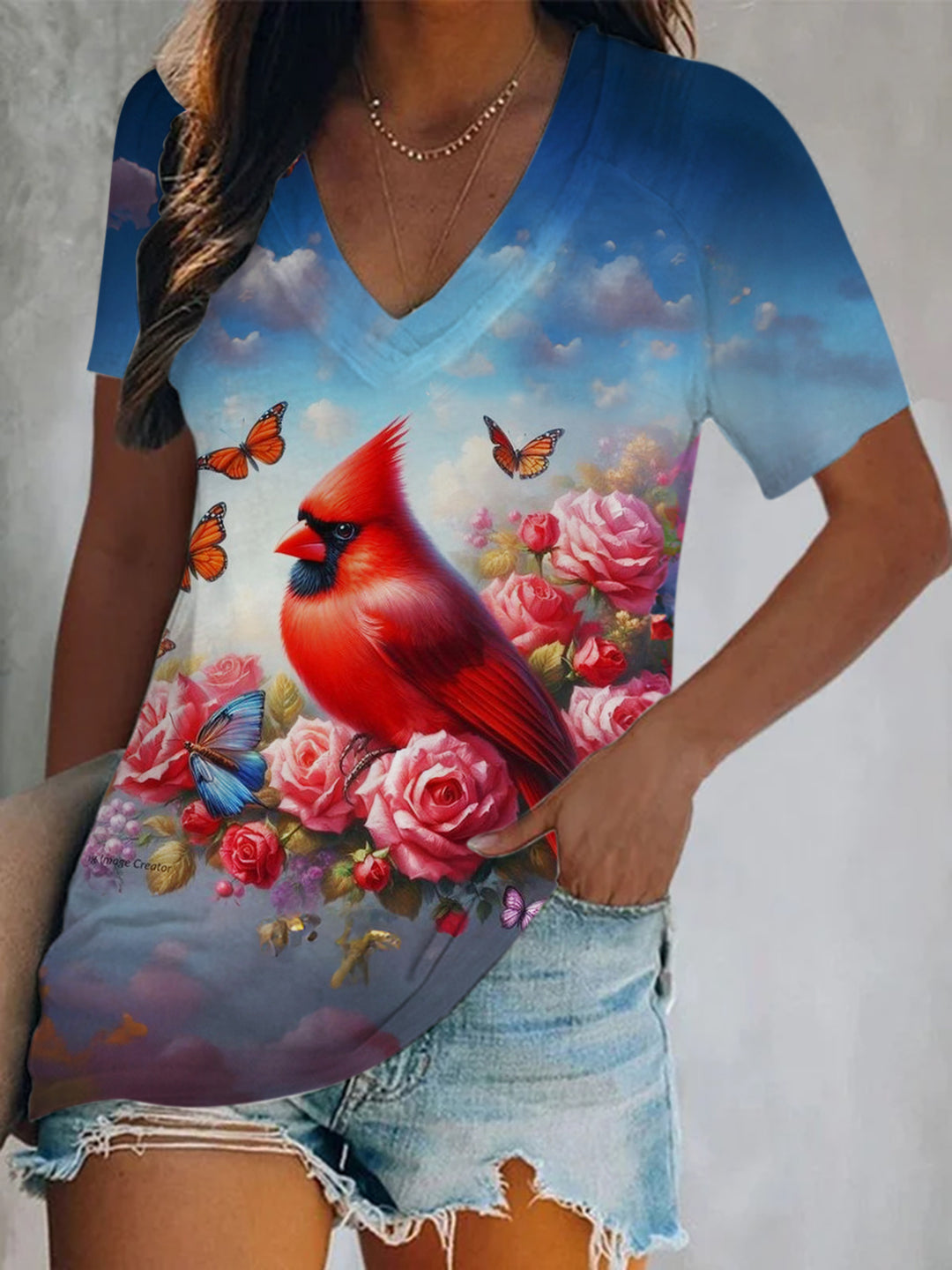 Cardinal Flower Butterfly Short Sleeve V Neck Print Top