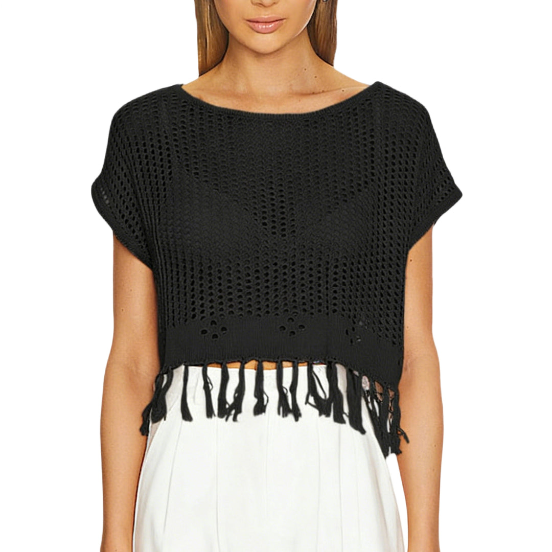 Crochet Tops for Women Tassel Hollow Out Summer Knit Top Crewneck Short Sleeve Pullover Cover Up for Travel usefulness