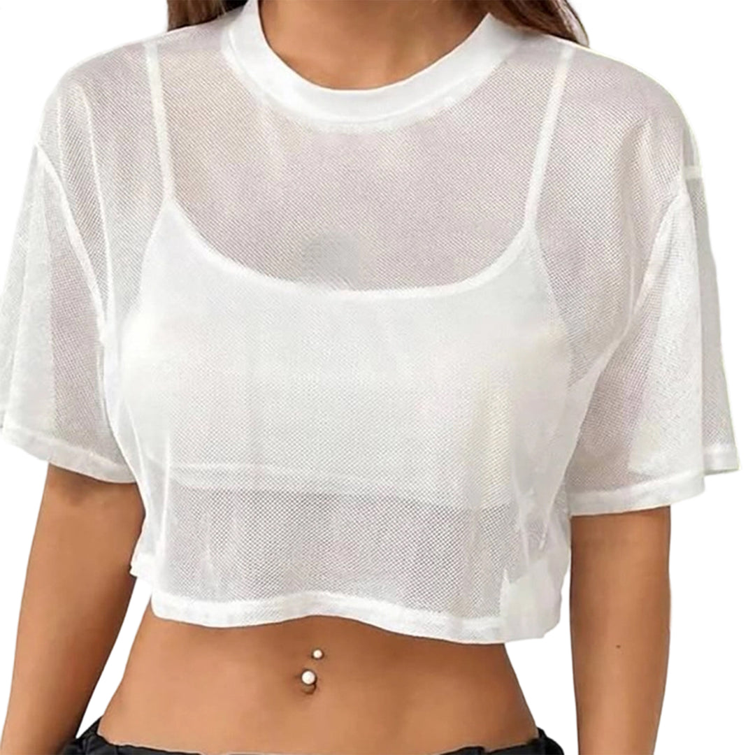 Sheer Mesh Short Sleeve Tops for Women Crewneck Loose Fit See Through Sexy Tee Shirts Crop Tops Daily Wear decent