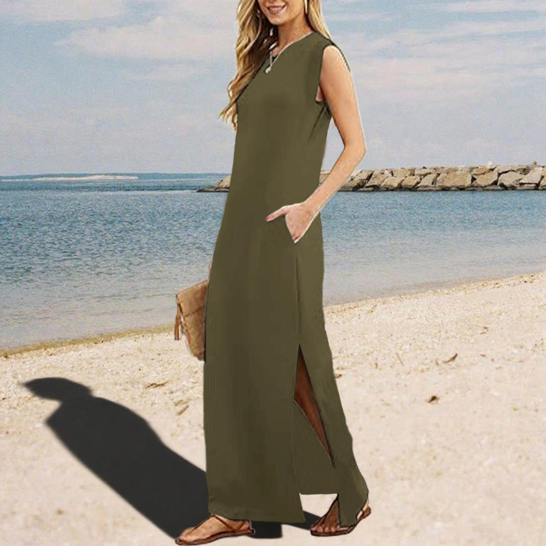 Tank Maxi Dress Sleeveless Solid Color Maxi Dress Loose Fit Side Slit Sundress for Fashionable Daily Wear Vacation Dating classy