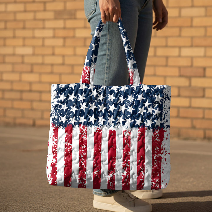 Quilted Tote Bag for Women American Flag Patriotic Handbags with Handles Travel Casual Purse for Vacation practical