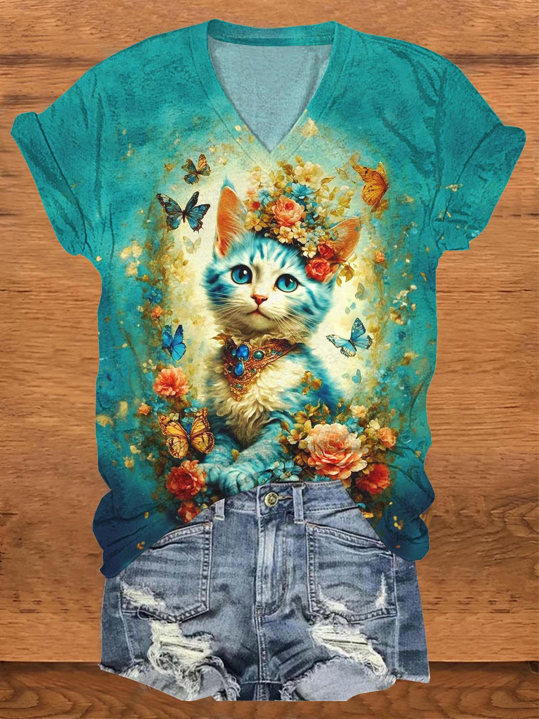 Floral Butterfly Cat V-Neck Short Sleeve T-Shirt