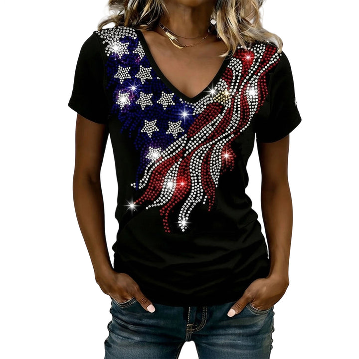 July 4th Shirts for Women Rhinestone V Neck 4th of July T Shirts 250th Birthday Patriotic Flag Tees for Daily well-liked