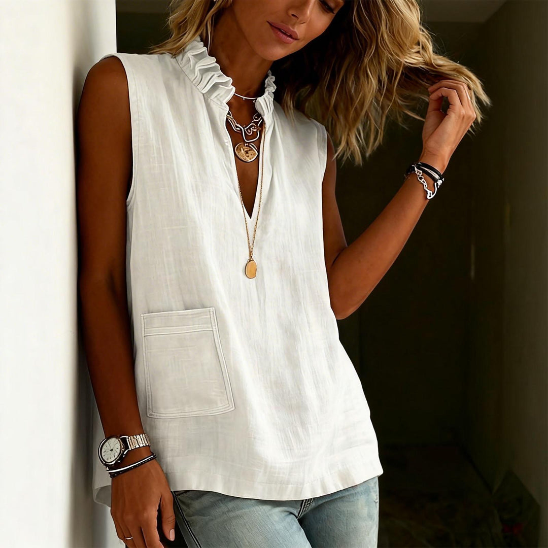 Linen Tank Tops for Women V Neck Ruffled Collar Sleeveless Shirt Summer Casual Tunic Tops for Daily Dating ordinary