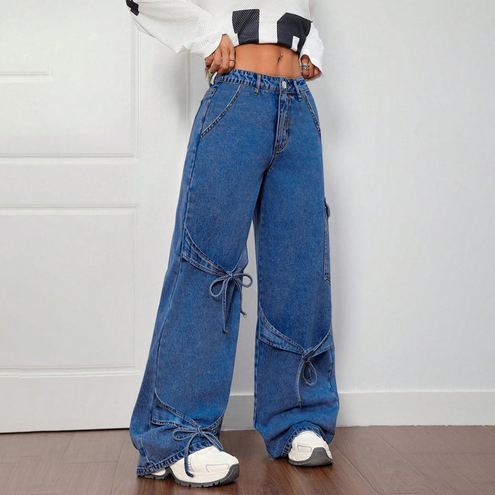 Women's Baggy Jeans Bow Tie Boyfriends Straight Leg Loose Trendy Mid Rise Denim Pants for Travel Daily Wear amiable