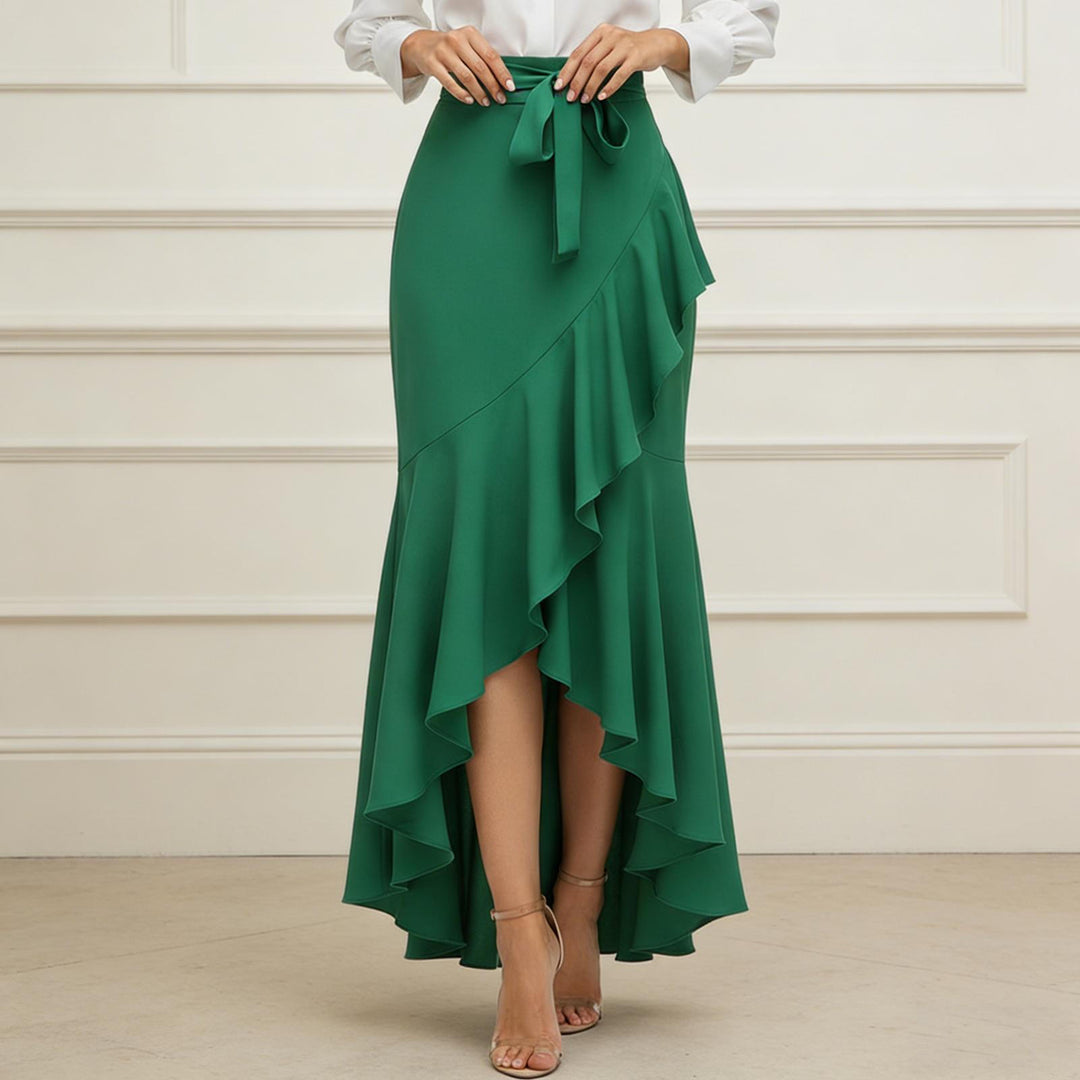 Long Plaid Skirt Mermaid A Line Women High Waist Flowy Ruffle High Low Skirts Waist Tie Clothes Daily Wear capable
