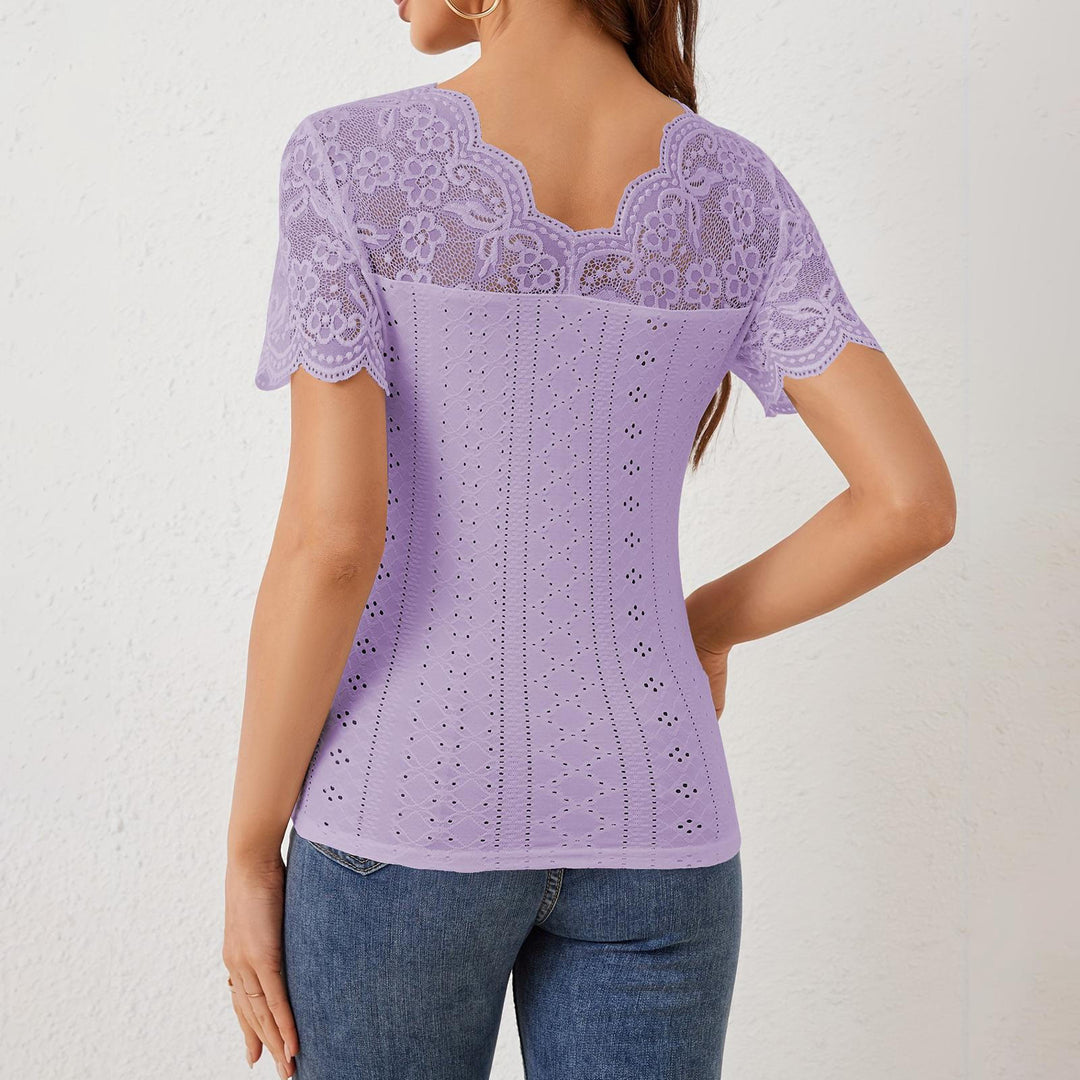 Womens Lace Shirt V Neck Dressy Casual Blouses Summer Fitted Shirts Short Sleeve for Going Out Commuting remarkable