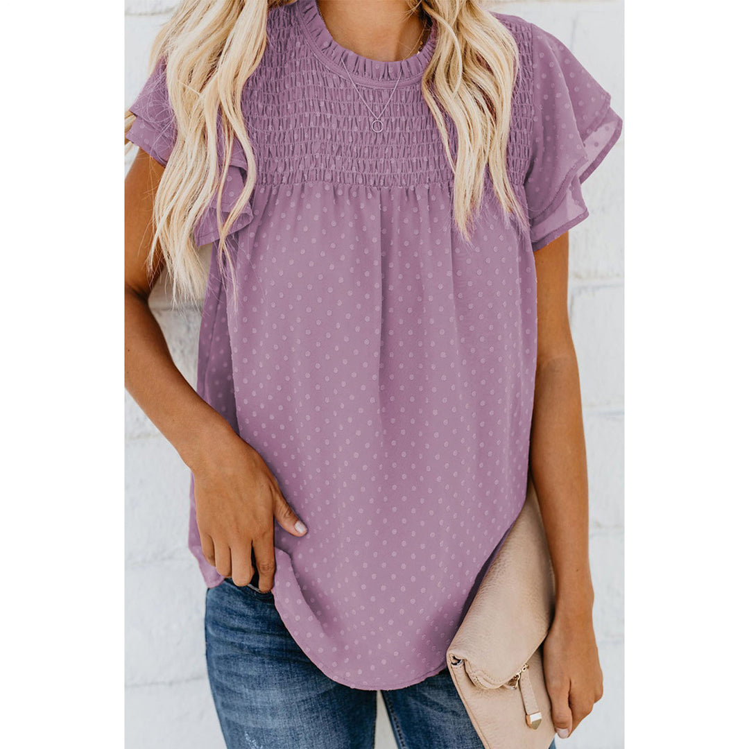 Womens Ruffle Short Sleeve Blouse Dot Smocked Crewneck Summer Flowy Chiffon Shirts Pullover Tops for Travel expedient