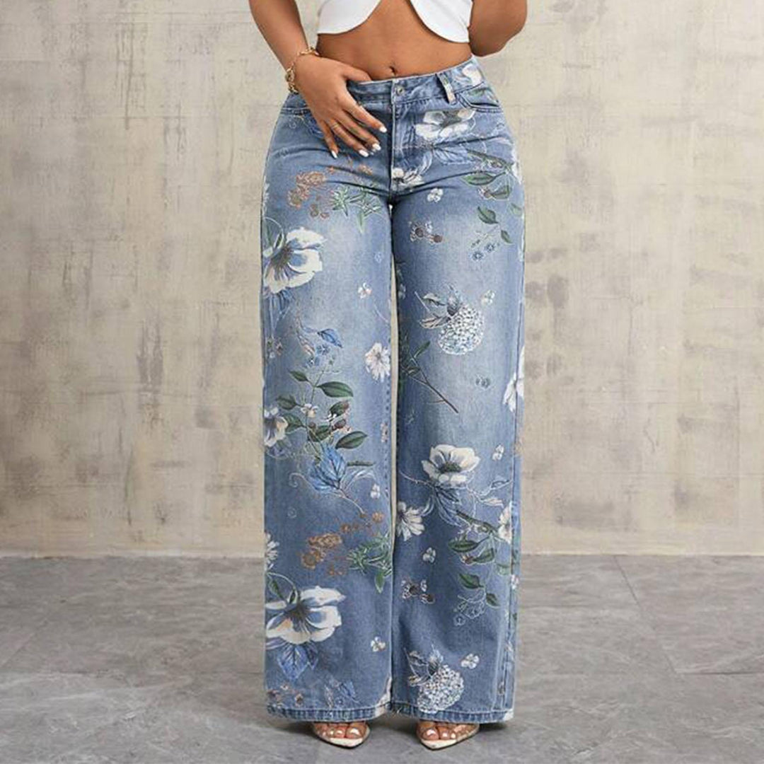Floral Print Jeans for Women Mid Rise Trendy Jeans Wide Leg Casual Denim Pants with Pockets for Vacation grand