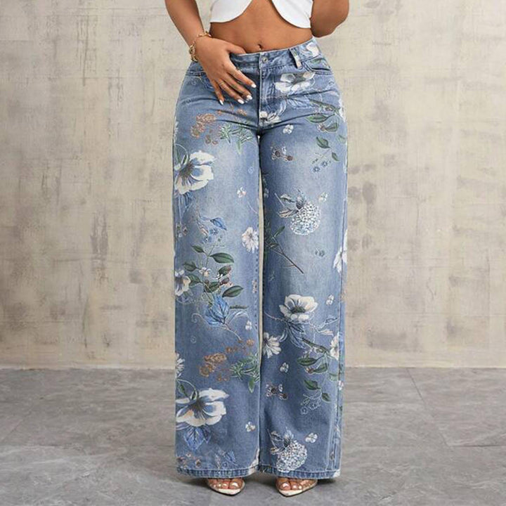Floral Print Jeans for Women Mid Rise Trendy Jeans Wide Leg Casual Denim Pants with Pockets for Vacation grand