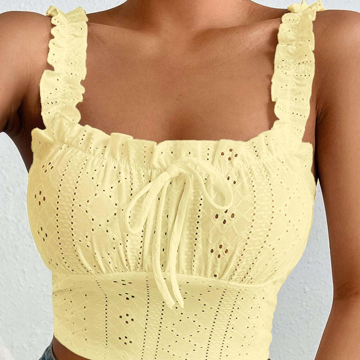 Eyelet Tank Tops for Women Ruffle Ruched Sleeveless Square Neck Tie Front Bust Crop Camisole Tops for Travel excellent