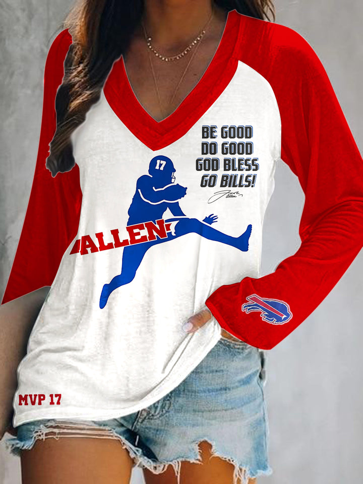 Buffalo Bills Football Print V-Neck Long Sleeve Top