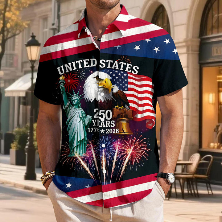 Patriotic Button Up Shirts for Men Flag 250 Years Lapel Short Sleeve Casual Trendy Hawaiian Shirts for Travel useful