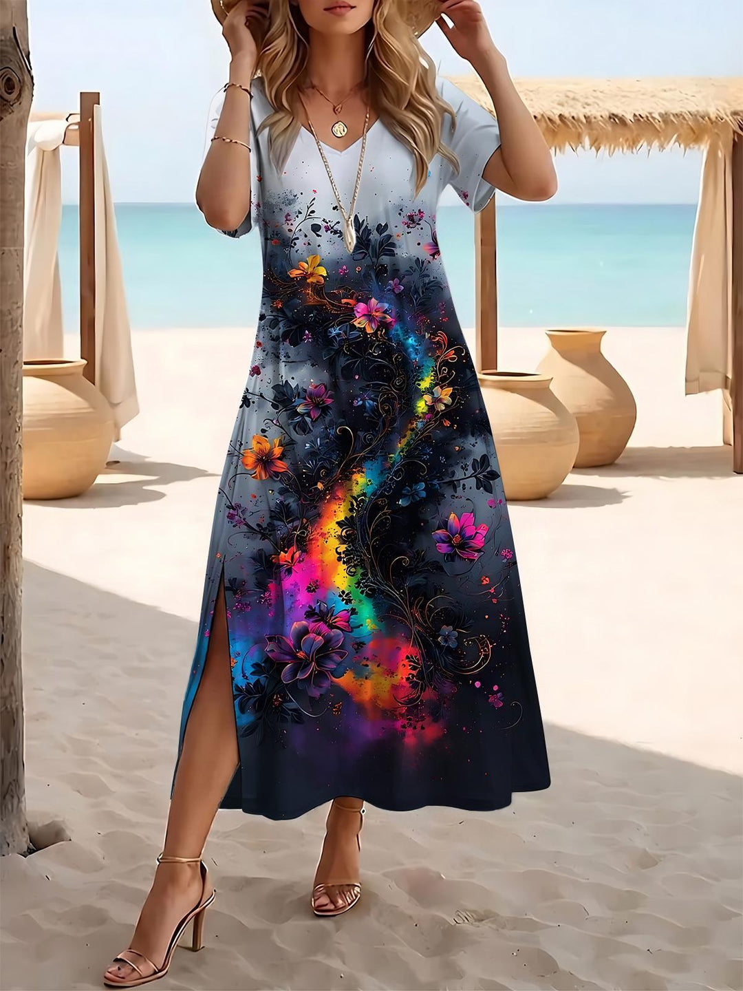 Colorful Floral Women's Short Sleeve V Neck Maxi Dress
