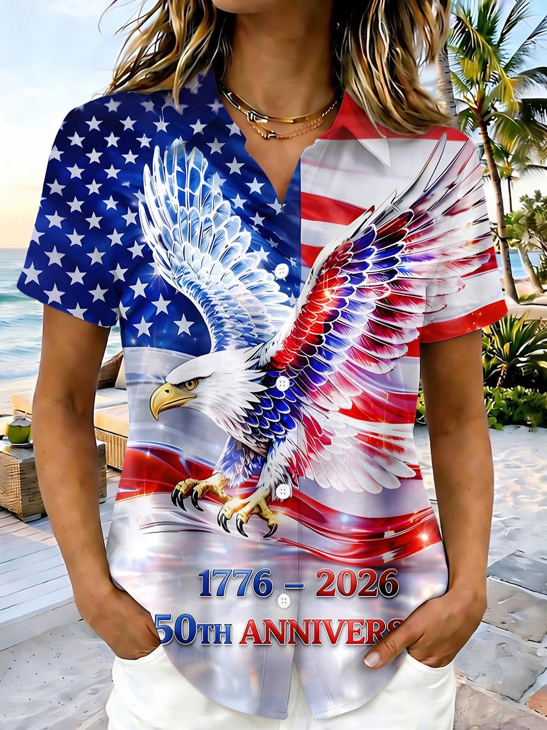 Independence American Flag Eagle Women's Short Sleeve Shirts