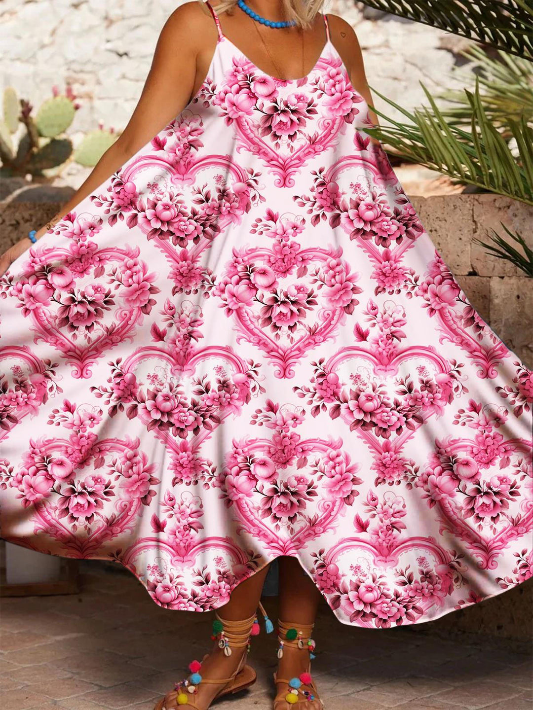 Pink Floral Printed Casual Spaghetti Strap Dress