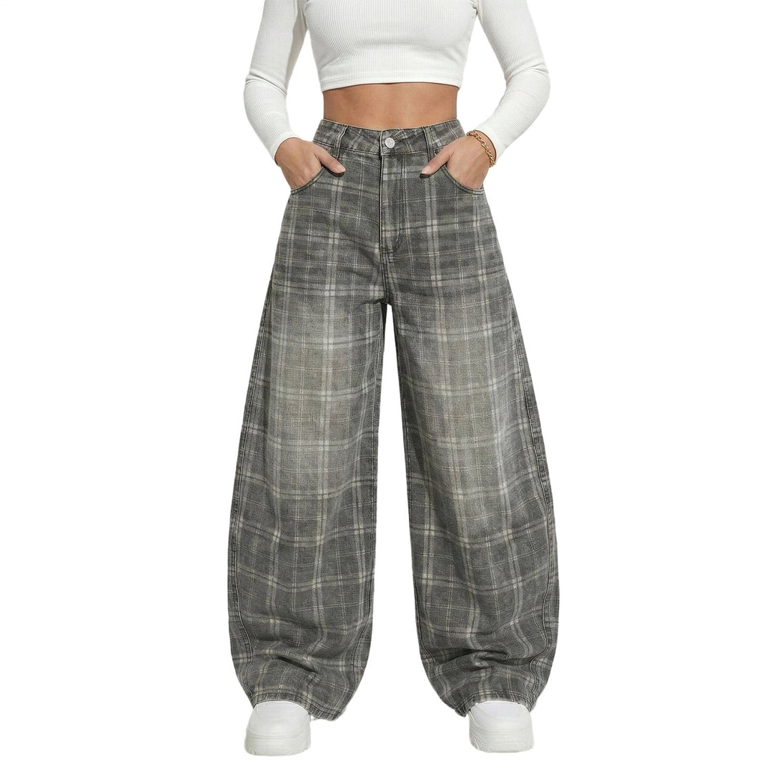 Wide Leg Plaid Pants Woman Wide Leg Lounge Mid Waist Pants Unisex Loose Trousers with Pockets Streetwear frugal