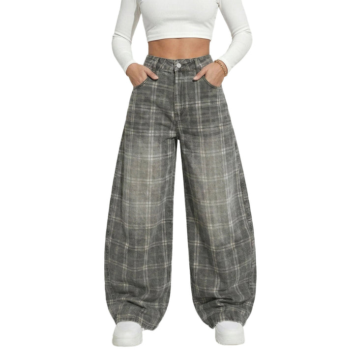 Wide Leg Plaid Pants Woman Wide Leg Lounge Mid Waist Pants Unisex Loose Trousers with Pockets Streetwear frugal