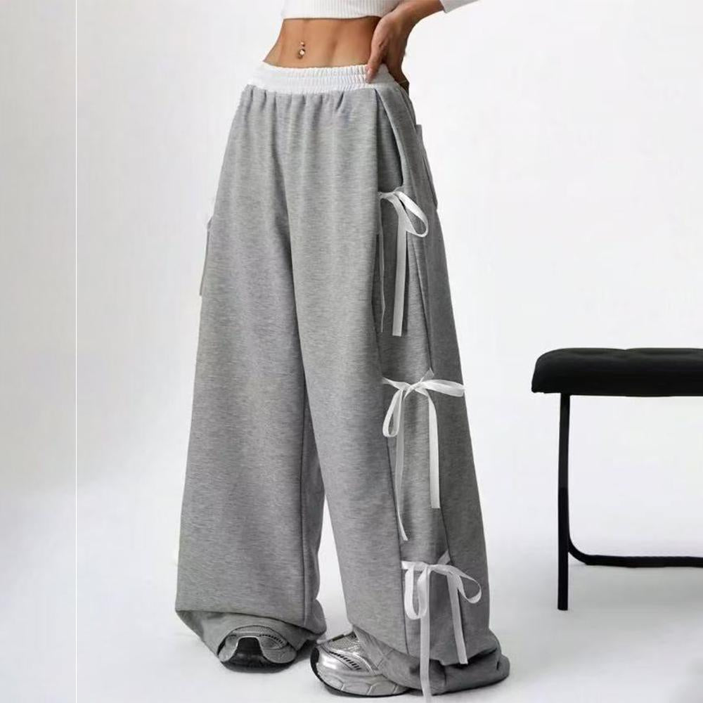 Women's Baggy Sweatpants Bow Tie Elastic Waist Casual Wide Leg Sports Pants with Pocket for Daily Running accepted