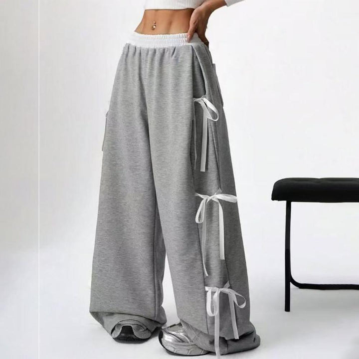 Women's Baggy Sweatpants Bow Tie Elastic Waist Casual Wide Leg Sports Pants with Pocket for Daily Running accepted