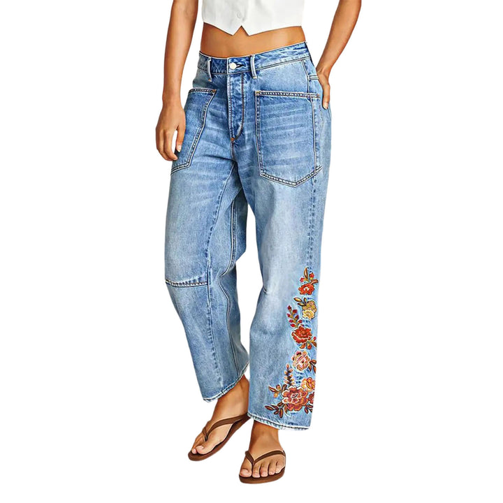 Cropped Jeans for Women Floral Embroidered Casual Summer Straight Leg Jeans Mid Rise Denim Pants for Travel thrifty