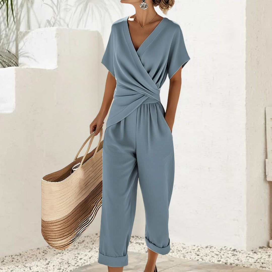 2 Piece Summer Sets for Women Wrap V Neck Side Twist Short Sleeve Solid Top Lounge Pants Outfits for Travel efficient