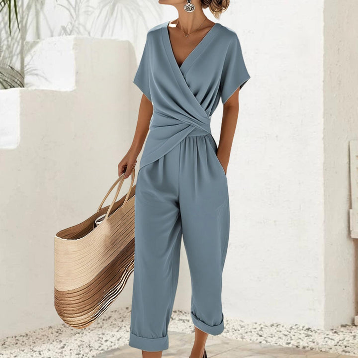 2 Piece Summer Sets for Women Wrap V Neck Side Twist Short Sleeve Solid Top Lounge Pants Outfits for Travel efficient