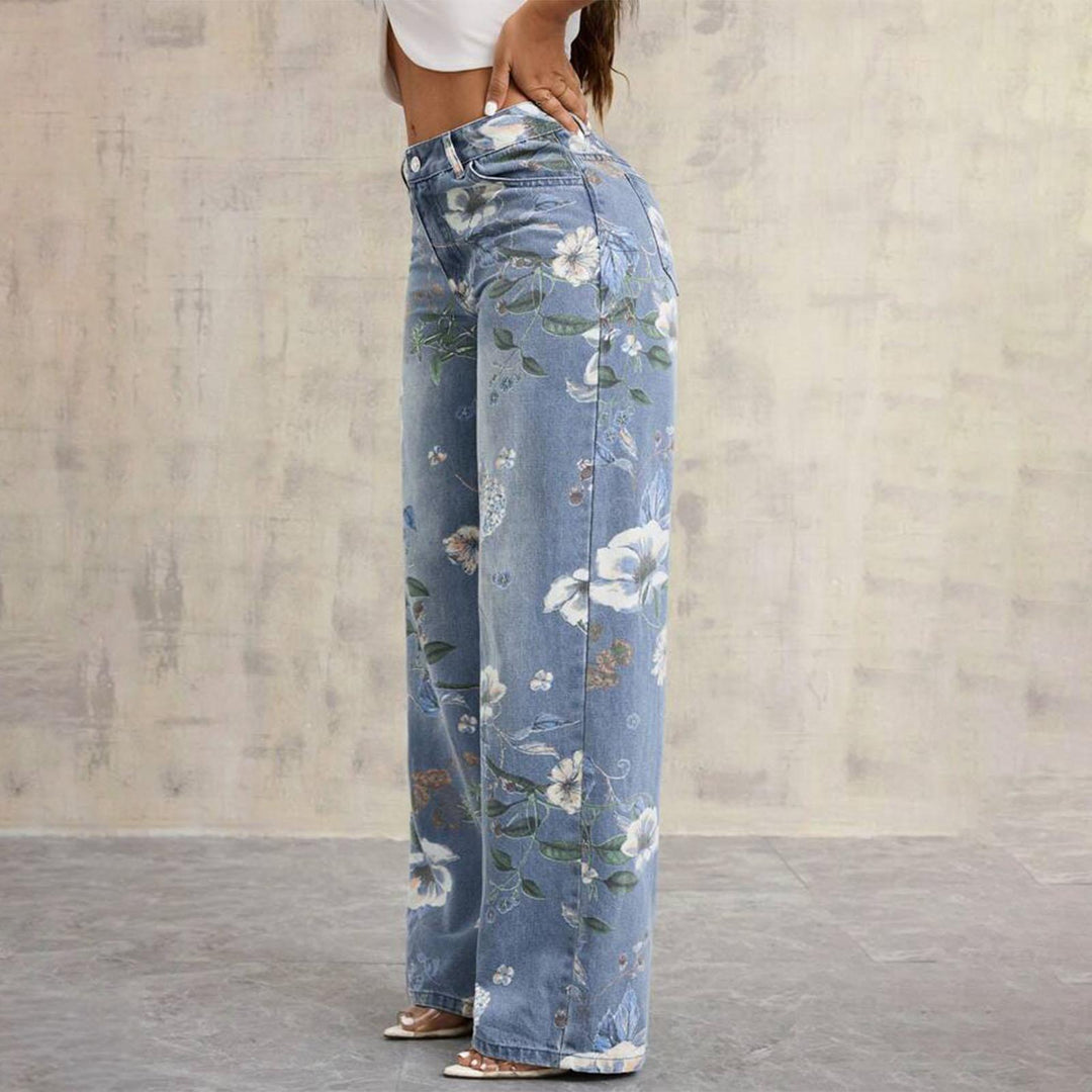 Floral Print Jeans for Women Mid Rise Trendy Jeans Wide Leg Casual Denim Pants with Pockets for Vacation grand