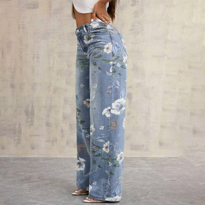 Floral Print Jeans for Women Mid Rise Trendy Jeans Wide Leg Casual Denim Pants with Pockets for Vacation grand