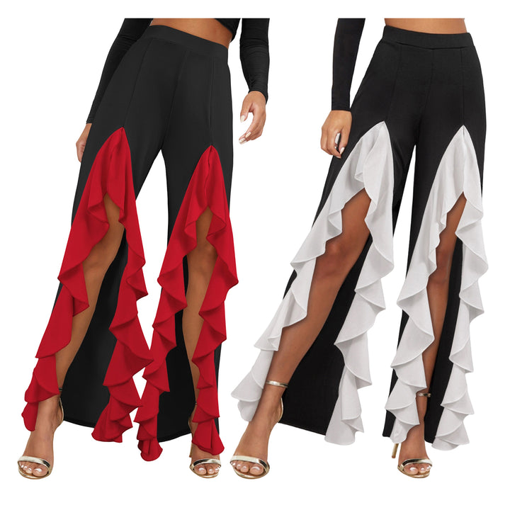 Womens Ruffle Pants Front Slit Flowy Loose Fit Wide Leg Trousers Elastic High Waist Lounge Pants for Dating improved