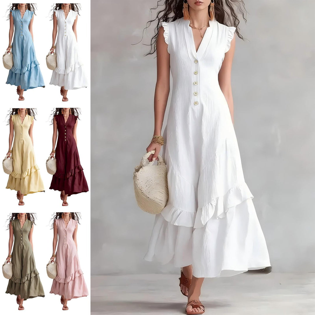 Ruffle Dress Long V Neck Button Flowy Cap Sleeve Summer Maxi Dresses Casual Beach Clothes for Beach Vacation serviceable