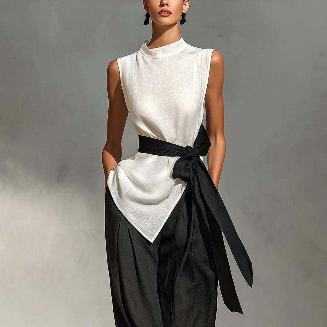 Summer Sets Women 2 Piece Outfits Mock Neck Tie Waist Asymmetrical Tank Top and Wide Leg Pants Set for Dating excitement
