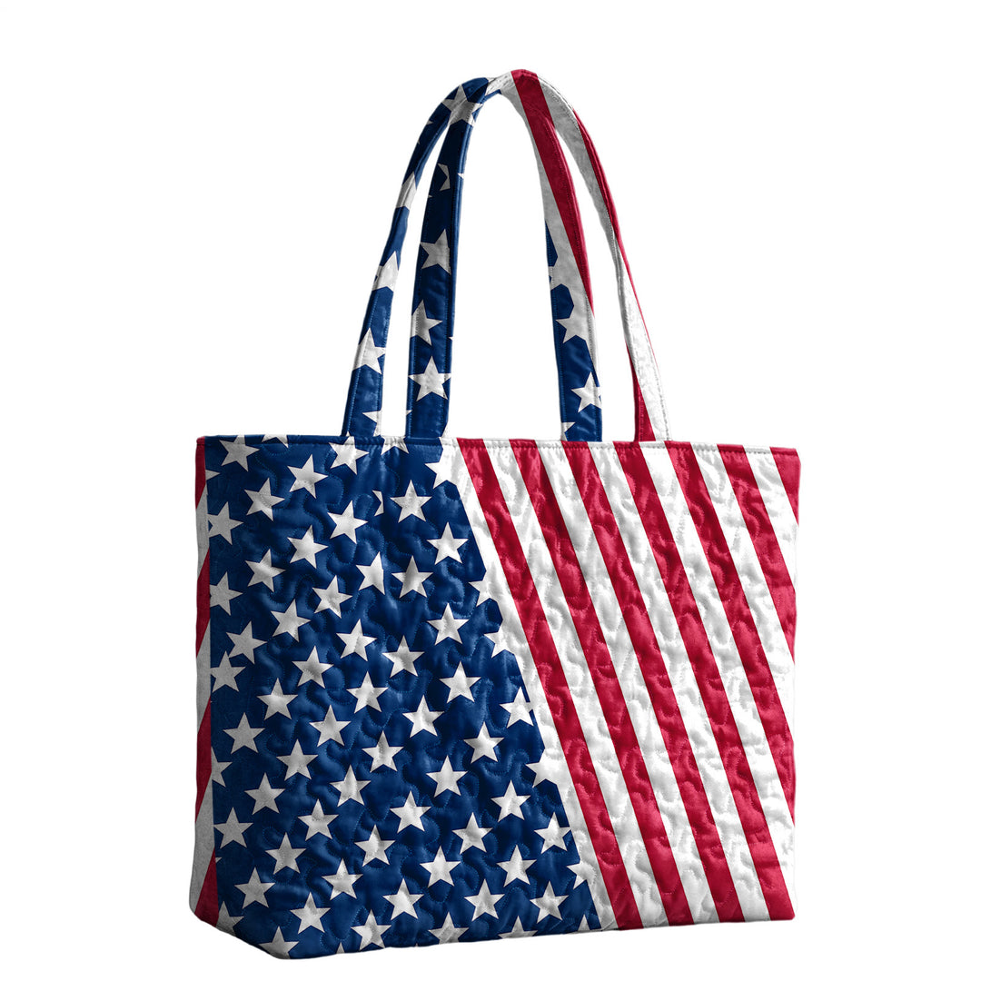 Quilted Tote Bag for Women American Flag Patriotic Handbags with Handles Travel Casual Purse for Vacation practical