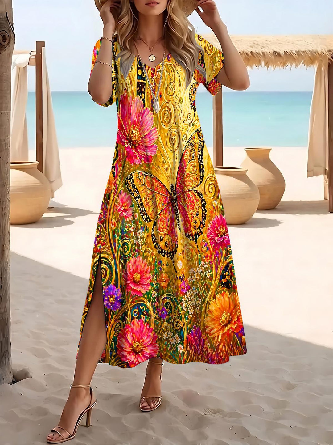 Retro Butterfly Floral Women's Short Sleeve V Neck Maxi Dress
