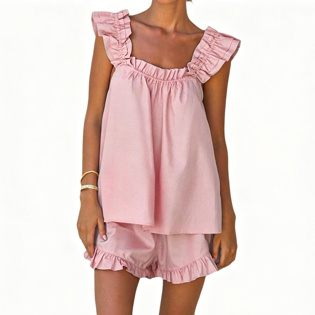 Shorts and Tank Pajama Set Ruffle Square Neck Sexy Sleeveless Loungewear Sleepwear Pj Set for Travel Home right