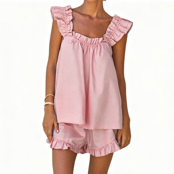 Shorts and Tank Pajama Set Ruffle Square Neck Sexy Sleeveless Loungewear Sleepwear Pj Set for Travel Home right